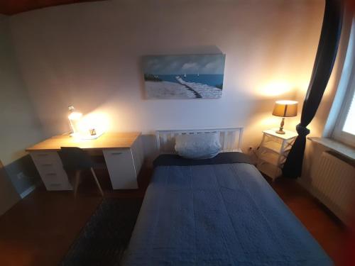 a bedroom with a bed and a desk with a lamp at Apartment am Waldrand 1 Person Nichtraucher mit Einkaufsservice in Itzehoe