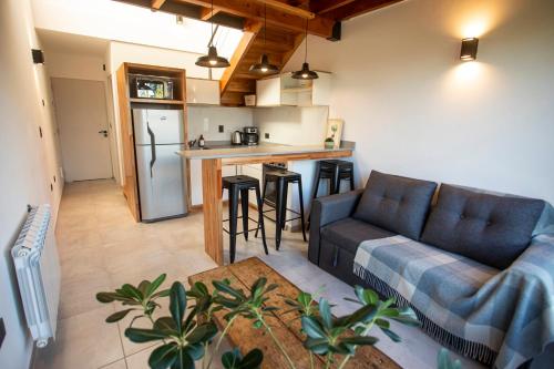 a living room with a couch and a kitchen at Studio Los Manzanos in San Carlos de Bariloche