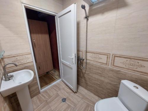 a bathroom with a toilet and a sink and a shower at Mtskhetela's House in Mtskheta