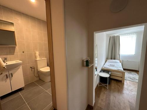 een badkamer met een wastafel, een toilet en een wastafel bij Penzion U Kovárny in Malá Morávka