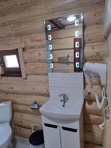 a bathroom with a white sink and a toilet at Котедж Під лісом in Synevyrsʼka Polyana