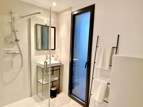 y baño con ducha acristalada y lavamanos. en Magnifique T2 neuf, proche gare, parking facile en Vannes