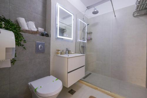 a bathroom with a toilet and a sink and a shower at Blue Luxury Apartment Lake On in Mamaia