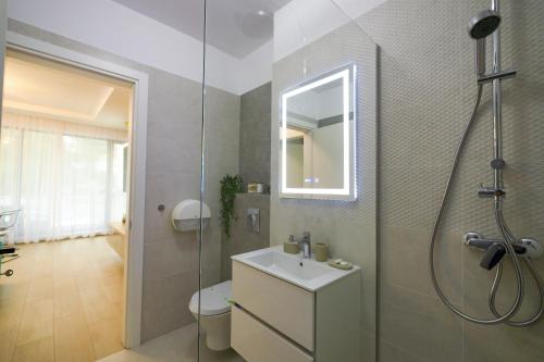 a bathroom with a shower and a sink and a toilet at Blue Luxury Apartment Lake On in Mamaia