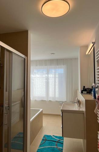 ein Badezimmer mit einer Dusche, einem Waschbecken und einer Badewanne in der Unterkunft Private Room near Hannover Fair in Hannover