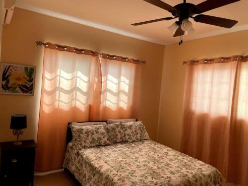 Schlafzimmer mit einem Bett und einem Deckenventilator in der Unterkunft Paradise Haven in Nassau