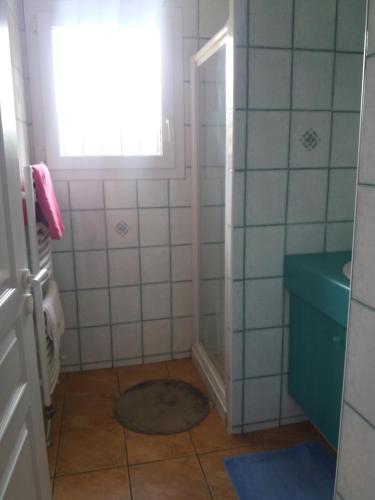 bagno con lavandino blu e finestra di chambre dans maison avec piscine et cuisine a Saint-Étienne