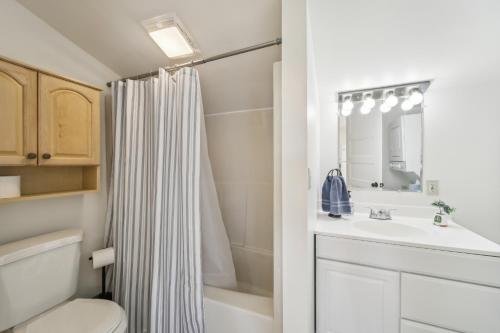 La salle de bains est pourvue d'un rideau de douche et d'un lavabo. dans l'établissement Pet-Friendly Newman Lake Cottage with Beach Access!, à Post Falls