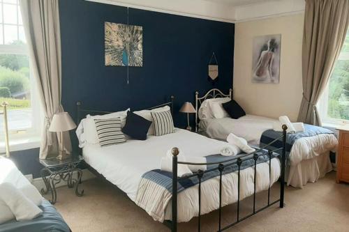 - 2 lits dans une chambre aux murs bleus dans l'établissement Beaford Country House, à Winkleigh
