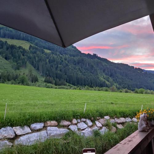 a view of a field with a stone wall at Appartements Amber in Kleinarl