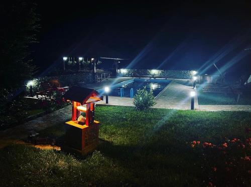 einen Park in der Nacht mit einem Skatepark mit Lichtern in der Unterkunft Krcma u Planini 