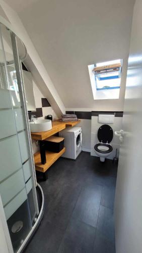 une petite salle de bain avec toilettes et lavabo dans l'établissement Studio TRESTEL vue mer, à Trévou-Tréguignec