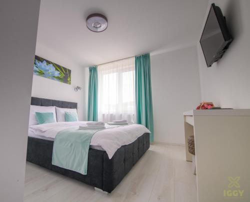 a bedroom with a large bed and a window at Iggy Luxury Central Apartment in Hunedoara