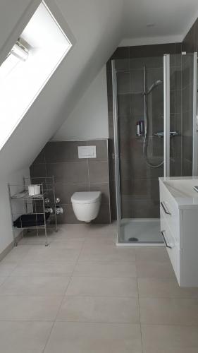 ein Bad mit einer Dusche, einem Waschbecken und einem WC in der Unterkunft Ferienwohnung an der Wassermühle in Hermannsburg in Hermannsburg