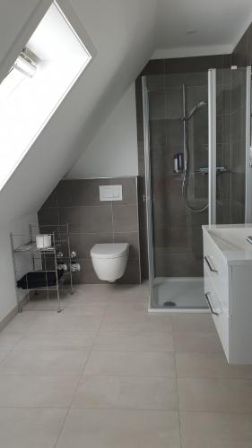 a bathroom with a shower and a sink and a toilet at Ferienwohnung an der Wassermühle in Hermannsburg in Hermannsburg