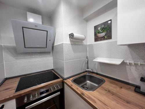 eine kleine Küche mit einem Waschbecken und einem TV in der Unterkunft Am Berg in Feldberg