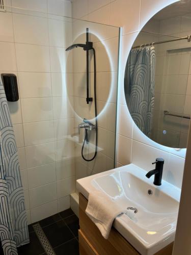 een badkamer met een wastafel, een douche en een spiegel bij Vilvoorde city center in Vilvoorde