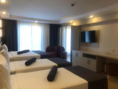 a hotel room with two beds and a flat screen tv at Grand İska Hotel in Istanbul
