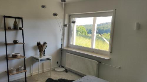 a bedroom with a window with a radiator and a lamp at romantische Ferienwohnung im Vogelsbergkreis in Ehringshausen