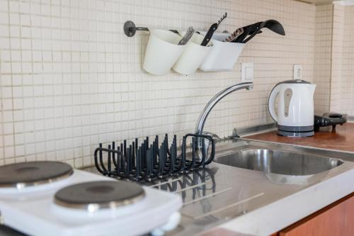 a kitchen counter with a sink and a stove and a sink at The Olympus Garden Beach House in Litochoro