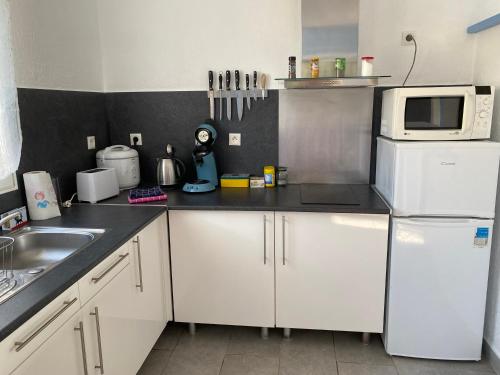 La cuisine est équipée d'un réfrigérateur blanc et d'un four micro-ondes. dans l'établissement L'estran, à Marennes