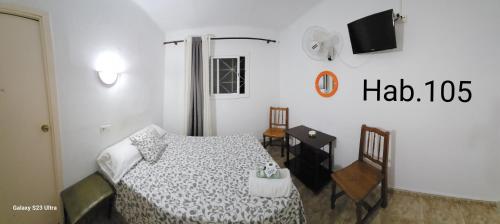 Hostal Sol celeste في يوريت دي مار: غرفة نوم مع سرير وتلفزيون على الحائط