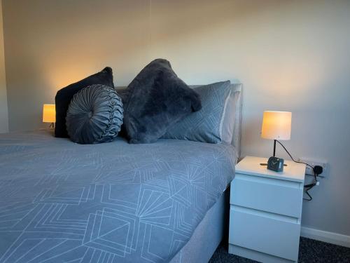 ein Schlafzimmer mit einem Bett mit Kissen und einem Nachttisch in der Unterkunft Bottesford Apartments in Brumby