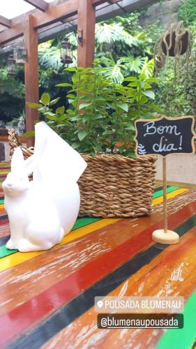 two white vases sitting on a table with a sign at Pousada Blumenau in Blumenau