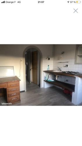 eine Küche mit einem Waschbecken und einer Theke in einem Zimmer in der Unterkunft 100metres du château au 116 Rue de la République vizille in Vizille