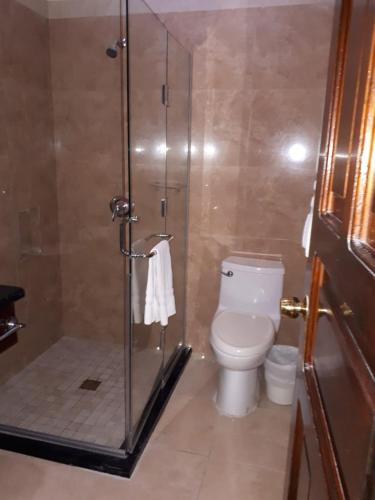 a bathroom with a toilet and a glass shower at Park Hotel in Santa Cruz Verapaz