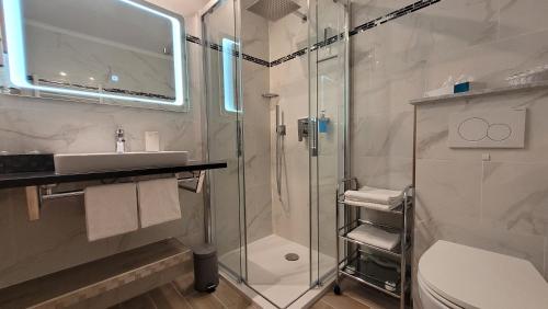 Hotel Seewisch في Flessenow: حمام مع دش ومغسلة ومرحاض