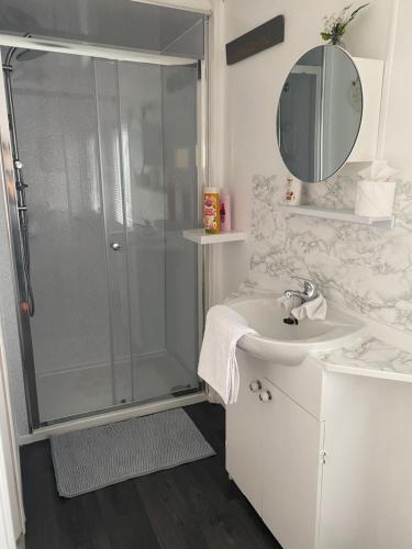 a bathroom with a shower and a sink at ChaletAway in Leysdown-on-Sea