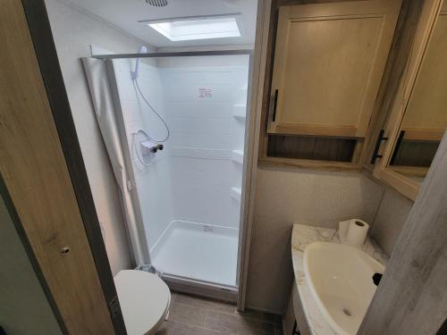 a bathroom with a shower and a toilet and a sink at Noah's Ark Campground in Revelstoke