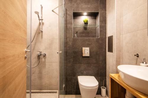 a bathroom with a shower and a toilet and a sink at Azur Deluxe Flats in St. St. Constantine and Helena