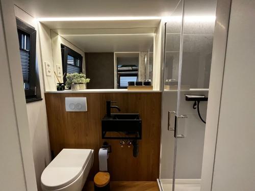 a small bathroom with a toilet and a sink at Sea Side Tiny House London in Salzhemmendorf