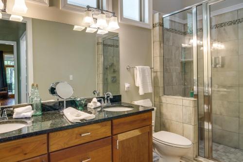 a bathroom with a shower and a toilet and a sink at Waterfront Loranger Cottage Hot Tub, Deck and Grill in Loranger