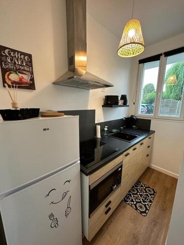 une cuisine avec un réfrigérateur blanc et un évier dans l'établissement Le cocon de Didine, beau F2, 2 places de parking clos, proche Disneyland, à Quincy-Voisins
