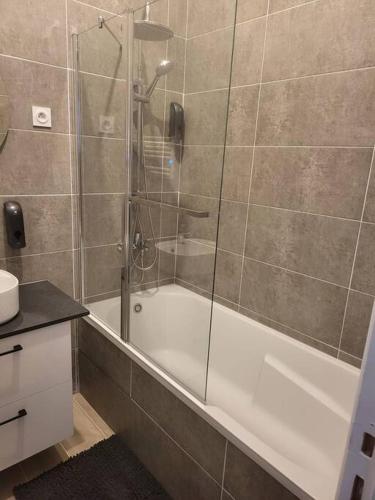 baño con ducha y puerta de cristal en Appartement spacieux 44m2, paisible et proche gare Vernon Giverny, en Vernon