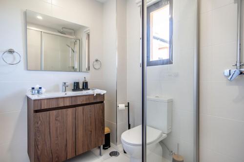 y baño con aseo, lavabo y espejo. en Villa Amour Charming Duplex Apartment on Marina en Quarteira