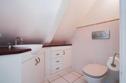 a white bathroom with a toilet and a sink at Crackenback Castle free standing chalet with fire place in Thredbo