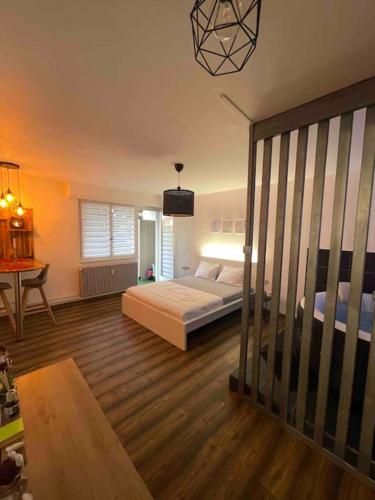 une chambre avec un lit et un bureau dans l'établissement Grand Studio avec Jacuzzi, à Strasbourg