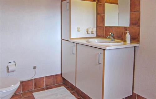 uma casa de banho com um lavatório e um WC em Beautiful Home In Aakirkeby With Kitchen em Spidsegård
