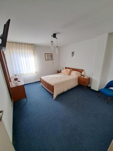 1 dormitorio con 1 cama y alfombra azul en Galería Entre Ríos en Concordia