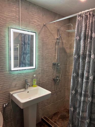 a bathroom with a sink and a shower at Awesome Large 3 Floor Villa Dilijan , 8 Bedrooms+4.5 Bathrooms+Swimming Pool, Nice Mountain View in Dilijan