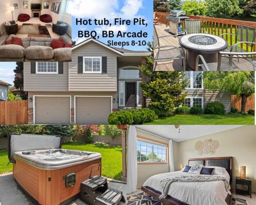 a collage of photos of a house with a hot tub fire pit at Hot tub! Sleeps 8-11Upscale Area in Spokane