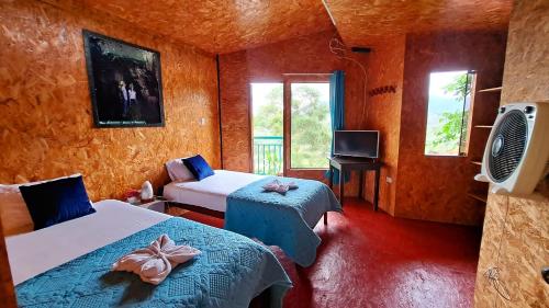 a room with two beds and a tv and windows at Shapingo Wasi Eco Lodge in Moyobamba