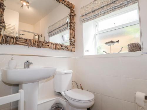 a bathroom with a toilet and a sink and a mirror at 18b New Street in Buckie