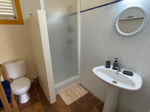 La salle de bains est pourvue de toilettes, d'un lavabo et d'une douche. dans l'établissement Villa La Tapatia, au Diamant