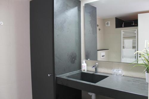 uma casa de banho com um lavatório e um espelho em Apartment in the city of Olot Penthouse em Olot