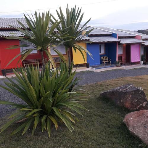 a group of houses with palm trees in a yard at Pousada Sítio Pedras de Minas in Monte Sião